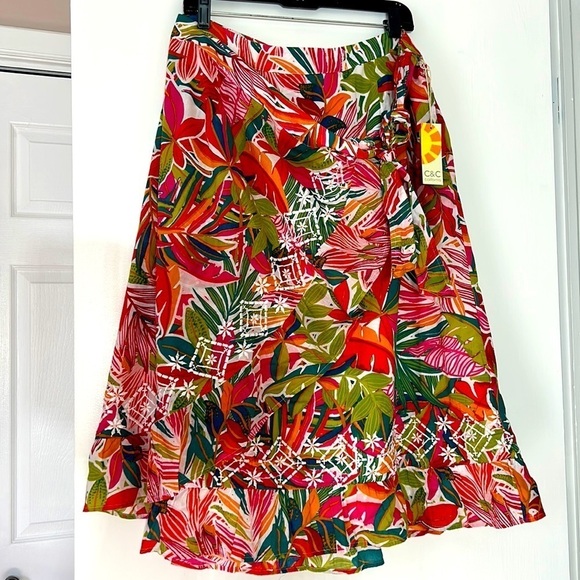 C&C California Faux Wrap Embroidered Tropical print  Midi Skirt Women’s XL Nwt - Picture 1 of 6